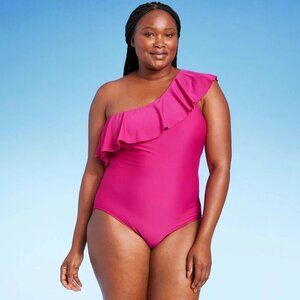 Kona Sol Ruffle One Shoulder High Coverage One Piece Swimsuit Pink Women's 16